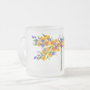 Yellow Flower Dragonfly Frosted Glass Coffee Mug