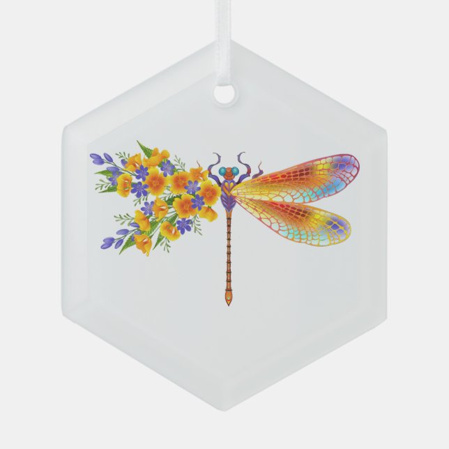 Yellow Flower Dragonfly Glass Tree Decoration (Front)