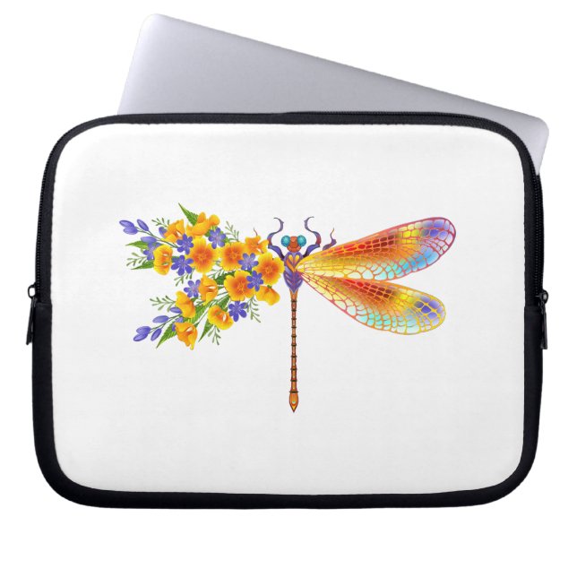 Yellow Flower Dragonfly Laptop Sleeve (Front)