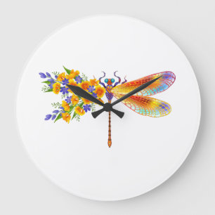 Yellow Flower Dragonfly Large Clock
