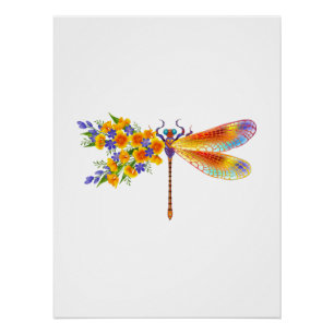 Yellow Flower Dragonfly Poster