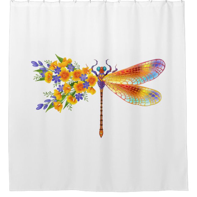 Yellow Flower Dragonfly Shower Curtain (Front)