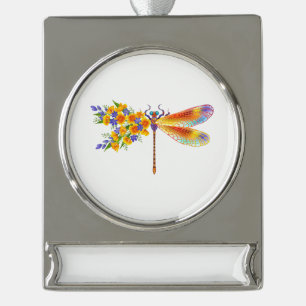 Yellow Flower Dragonfly Silver Plated Banner Ornament
