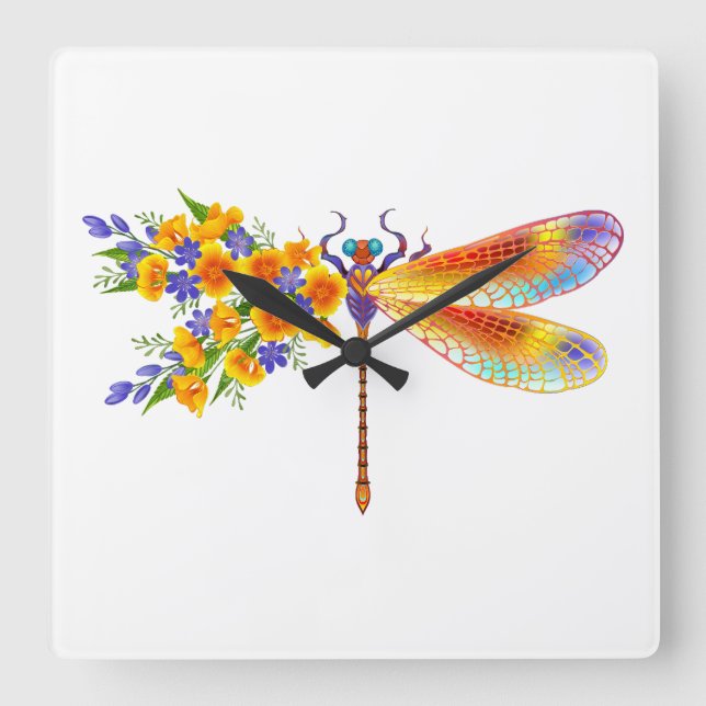 Yellow Flower Dragonfly Square Wall Clock (Front)