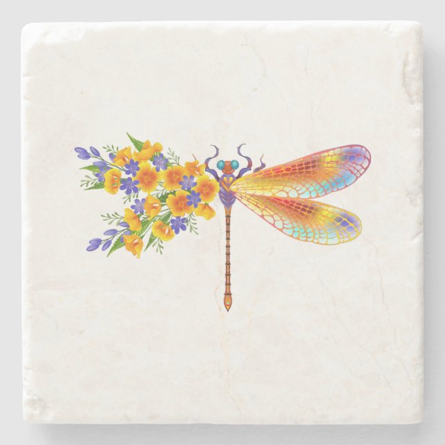 Yellow Flower Dragonfly Stone Coaster (Front)