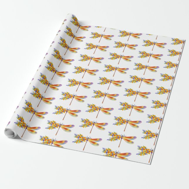 Yellow Flower Dragonfly Wrapping Paper (Unrolled)