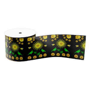 yellow flower green bird ribbon grosgrain ribbon