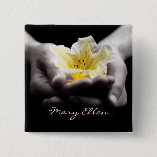 Yellow Flower In Hands With Name 15 Cm Square Badge (Front)