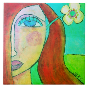 Yellow Flower in Her Hair Abstract Portrait  Tile