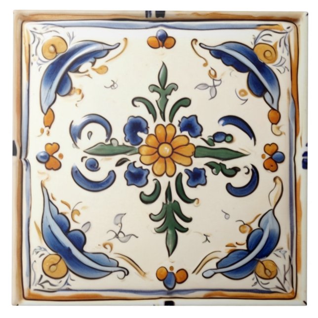 Yellow Flower Mediterranean Blue Cream Floral Tile (Front)