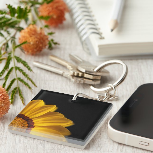 Yellow flower on  black background key ring (Front Right)