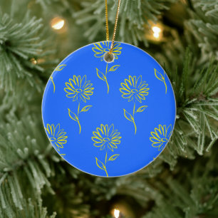 Yellow Flower Outline In A Blue Background Ceramic Tree Decoration