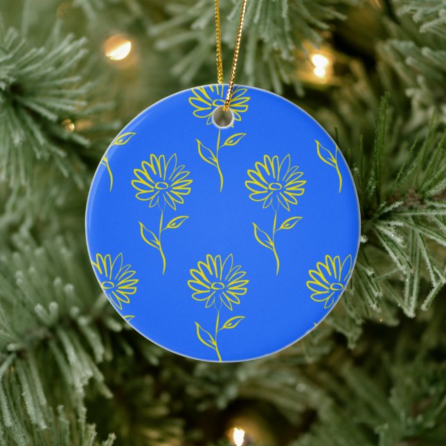 Yellow Flower Outline In A Blue Background Ceramic Tree Decoration (Tree)