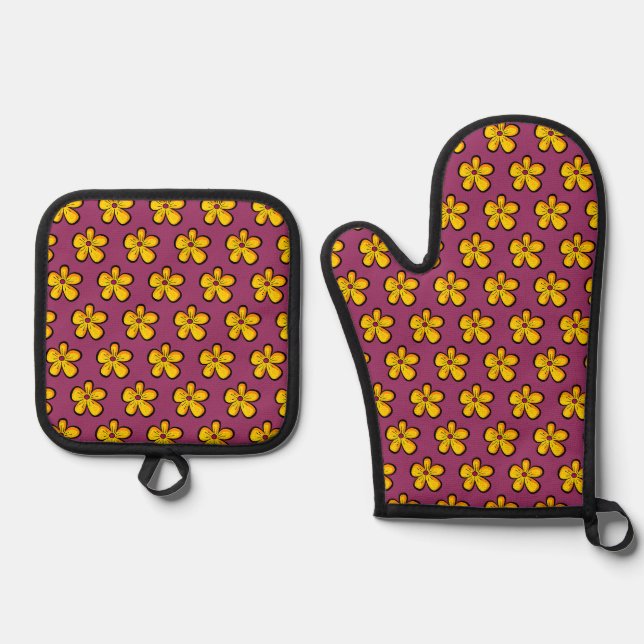 yellow flower oven mitt & pot holder set (Front)