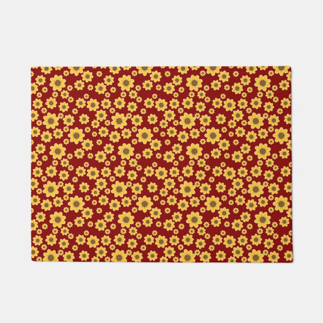 Yellow Flower Pattern on Red Background - Floral Doormat (Front)