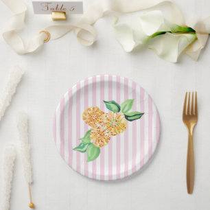 Yellow Flower Pink Stripe Paper Plate