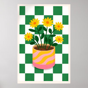 Yellow Flower Plant Poster, Green Chequerboard Poster
