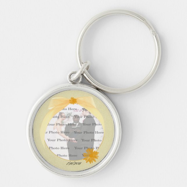 Yellow Flower Round Silver Photo Keychain (Front)