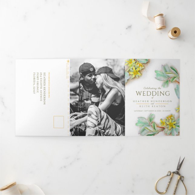 Yellow flower Sibbaldia wedding all in one Tri-Fold Invitation (Outside)