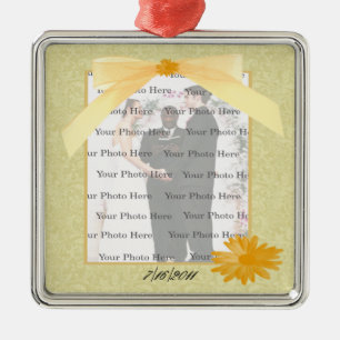 Yellow Flower Silver Square Photo Ornament