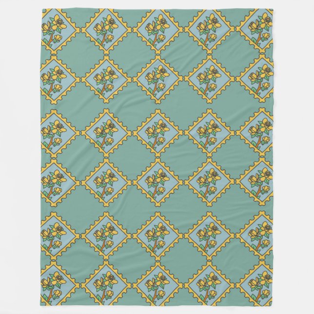 Yellow flower stamp pattern fleece blanket (Front)