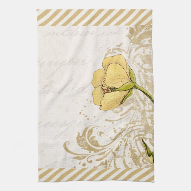Yellow Flower Striped Dish Tea Kitchen Towel (Vertical)