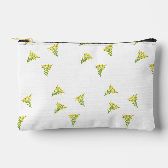 Yellow flower with green leaves on white accessory pouch (Front)