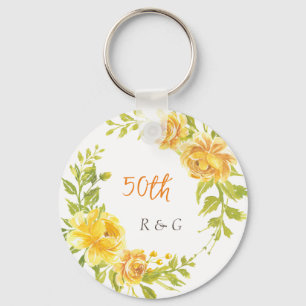 Yellow Flower Wreath 50th Wedding Monogram  Key Ring