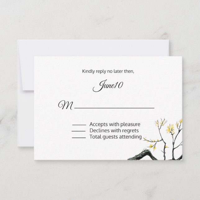 Yellow Flowering Branch Wedding RSVP Card (Front)