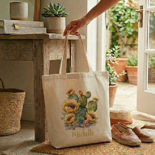 Yellow Flowering Cactus With Name Tote Bag