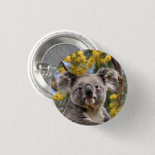 Yellow Flowering Wattle Tree With A Koala, 3 Cm Round Badge