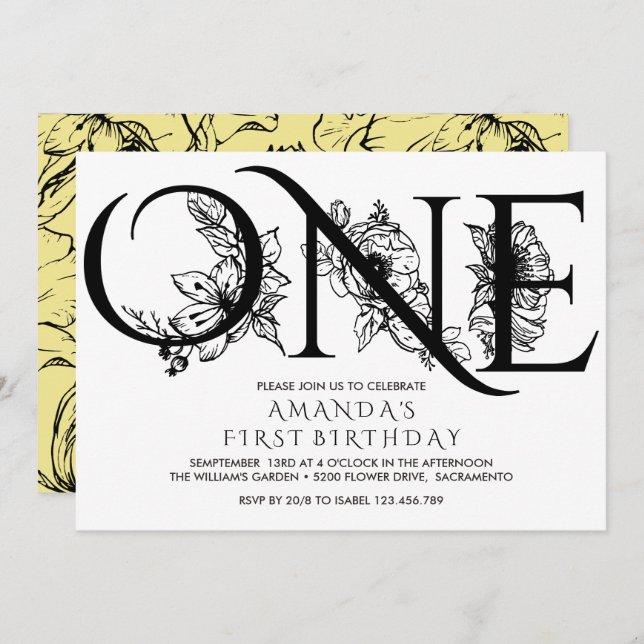 Yellow Flowers | 1st Birthday Party Invitation (Front/Back)