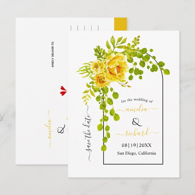 Yellow flowers and arch fall wedding Save the Date Postcard (Front/Back)