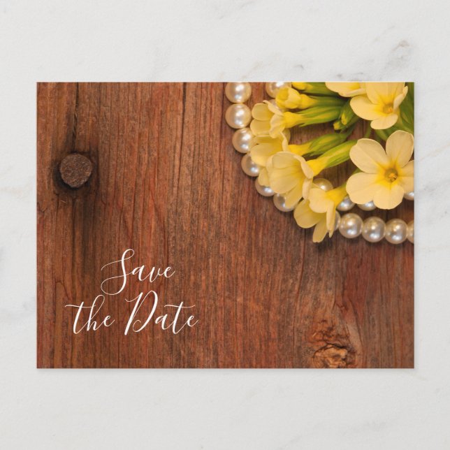 Yellow Flowers and Barn Wood Wedding Save the Date Announcement Postcard (Front)