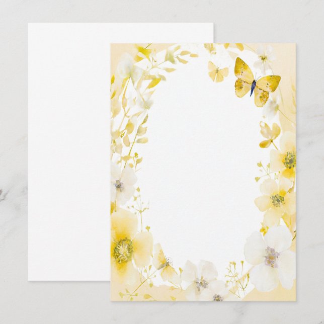 Yellow flowers and butterflies blank wedding invitation (Front/Back)