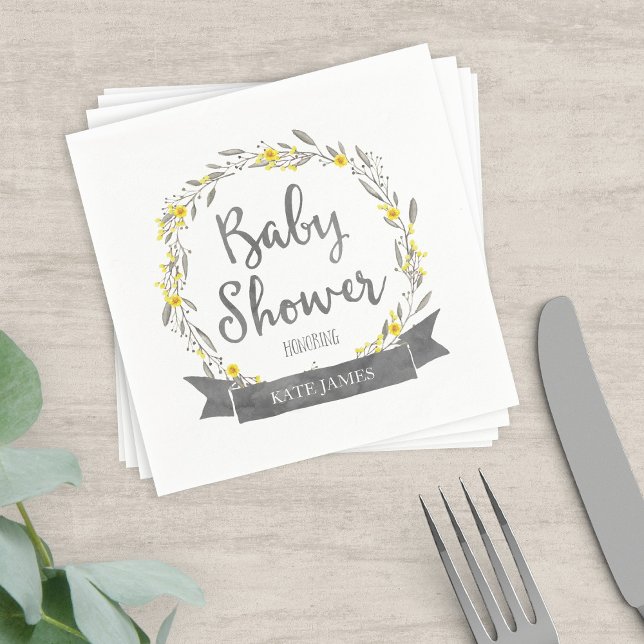 Yellow Flowers and Grey Leaves Wreath Baby Shower Napkin (Creator Uploaded)