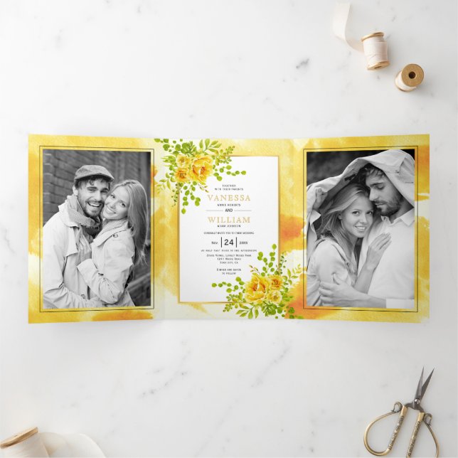 Yellow flowers and leaves floral boho wedding Tri-Fold invitation (Inside)