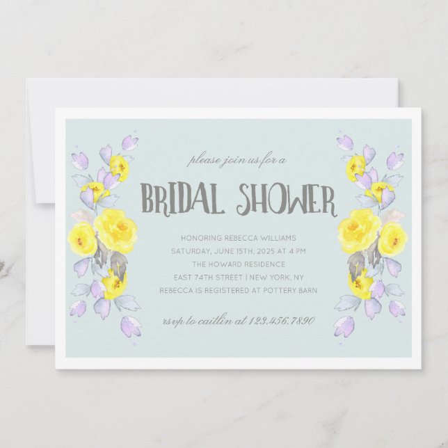 Yellow flowers and lilac foliage bridal shower invitation (Front)