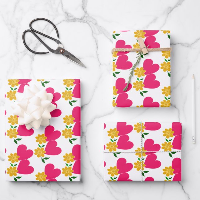 Yellow Flowers and Pink Hearts Wrapping Paper Sheet (Front)