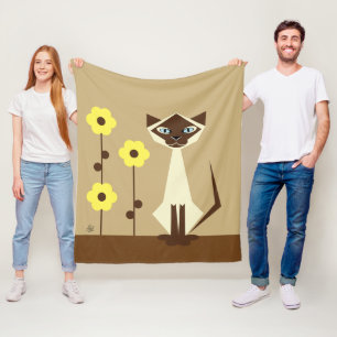 Yellow Flowers and Siamese Cat Fleece Blanket