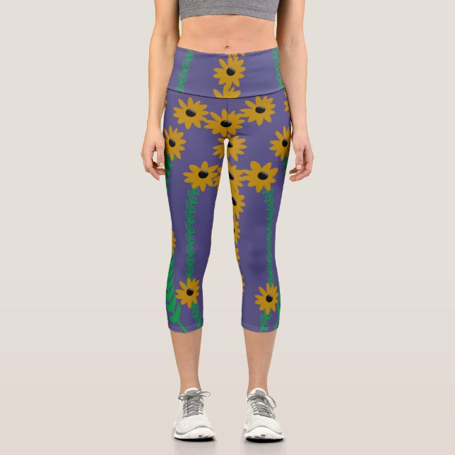 Yellow Flowers and Stalks Capri Leggings (Front)