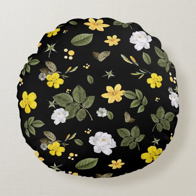 Yellow Flowers and White Roses 2 Round Cushion (Front)