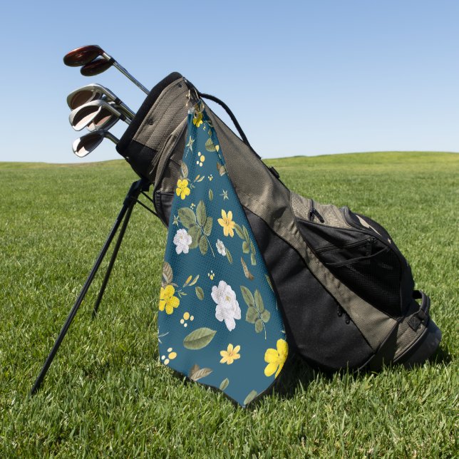 Yellow Flowers and White Roses Golf Towel (Green)