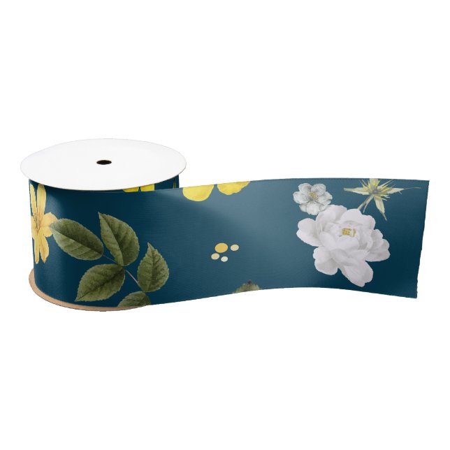 Yellow Flowers and White Roses Satin Ribbon (Spool)