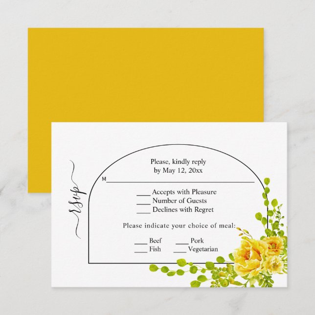 Yellow flowers, arch and monogram fall wedding RSVP card (Front/Back)