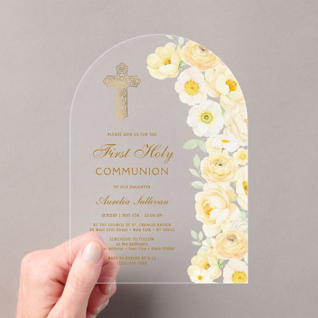 Yellow Flowers Arch First Communion Acrylic Invitations (Insitu (Handheld))