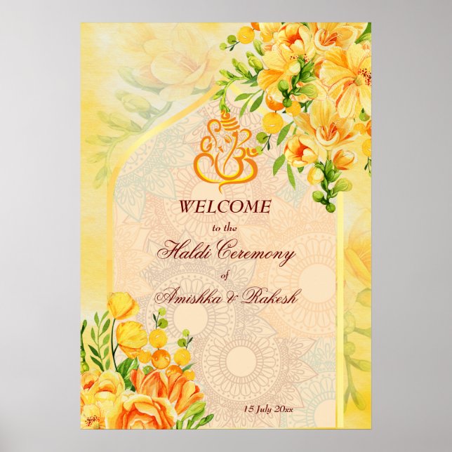 Yellow flowers arch Ganesha Haldi welcome sign (Front)