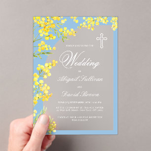 Yellow Flowers Arch on Blue Religious Wedding Acrylic Invitations