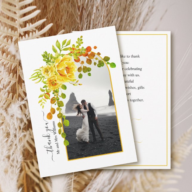 Yellow flowers, arch with photo fall wedding  thank you card (Creator Uploaded)
