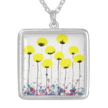 Yellow Flowers Art Pendant, Watercolor Poppies